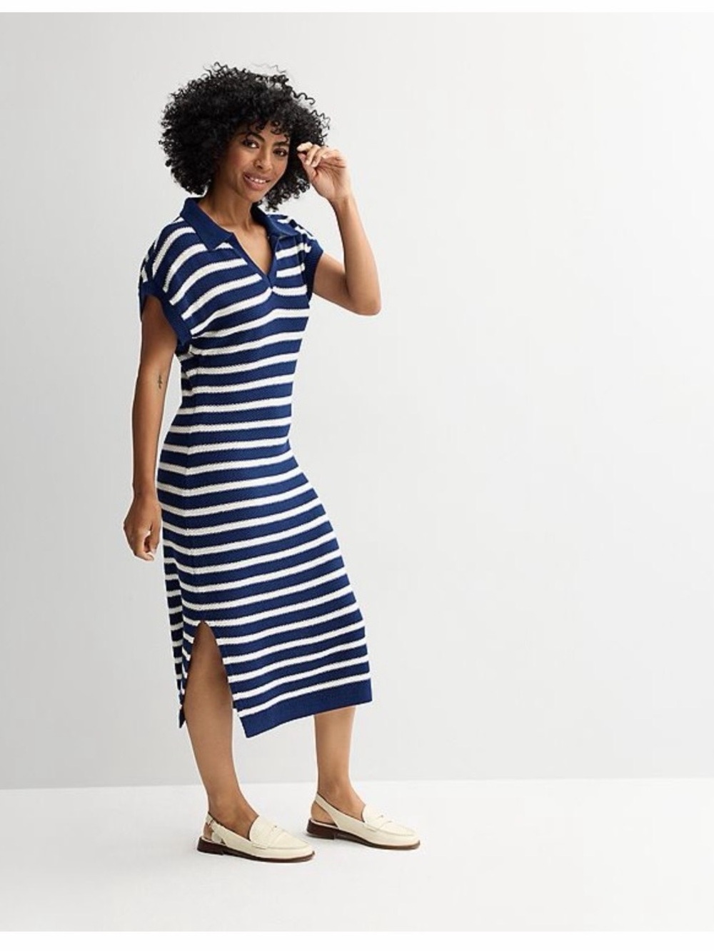 New Striped Navy & White Sweater Midi Dress - MP